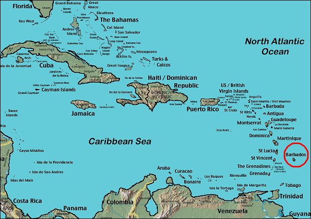 Map of the location of Barbados (circled in red) in the Caribbean